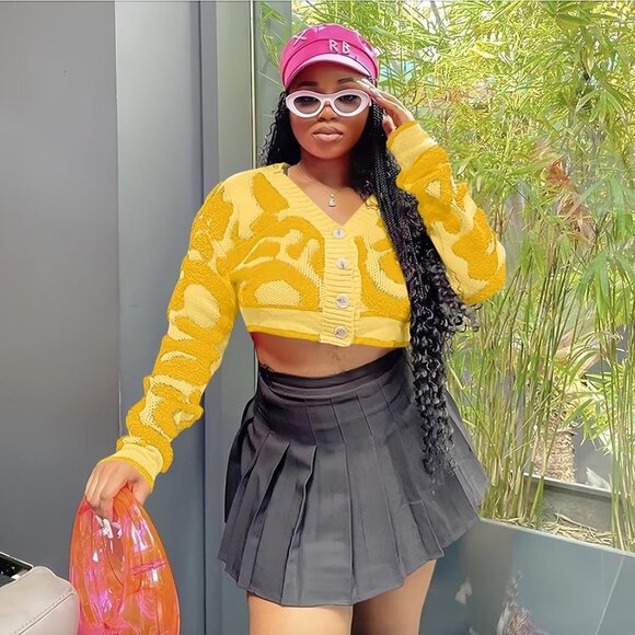 Women's Fashion Button Down Cardigan Sweaters Fall Slim Crop Knit Typed-Yellow - Picture 2 of 5